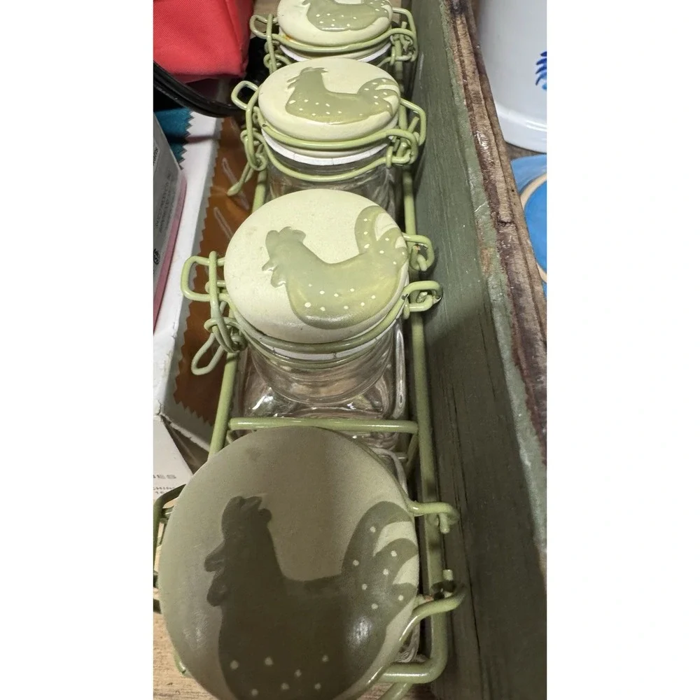 Vtg Spice Rack Ceramic Top Glass Bottom Jars Metal Wire Base Roosters Cottage